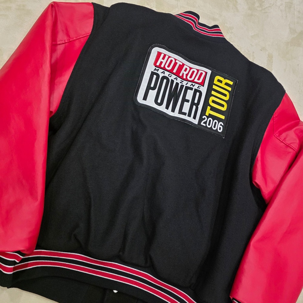 Vintage 2006 Hot Rod Magazine Power Tour Varsity Jacket Black Wool Red Leather L